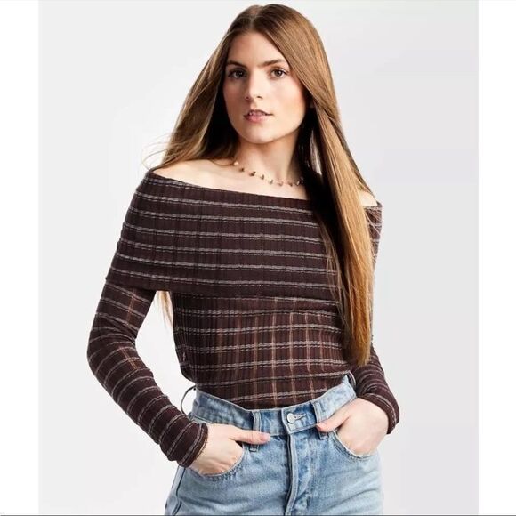 Free people brown snow bunny off the shoulder top M - Picture 1 of 8